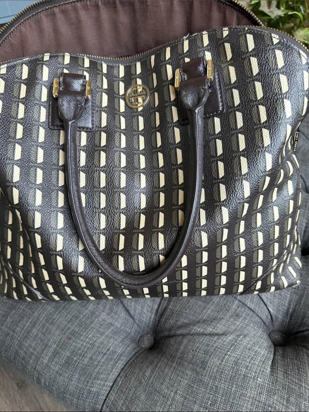 Tory Burch Black and Cream Patterned Dome Tote